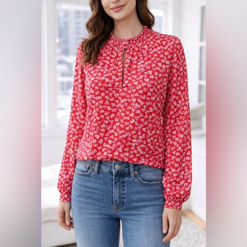 J.Crew Heart Print Keyhole Blouse Small Red Pink NWT - Picture 11 of 11